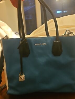 Michael Kors Teal Blue Leather Satchel with Black Trim